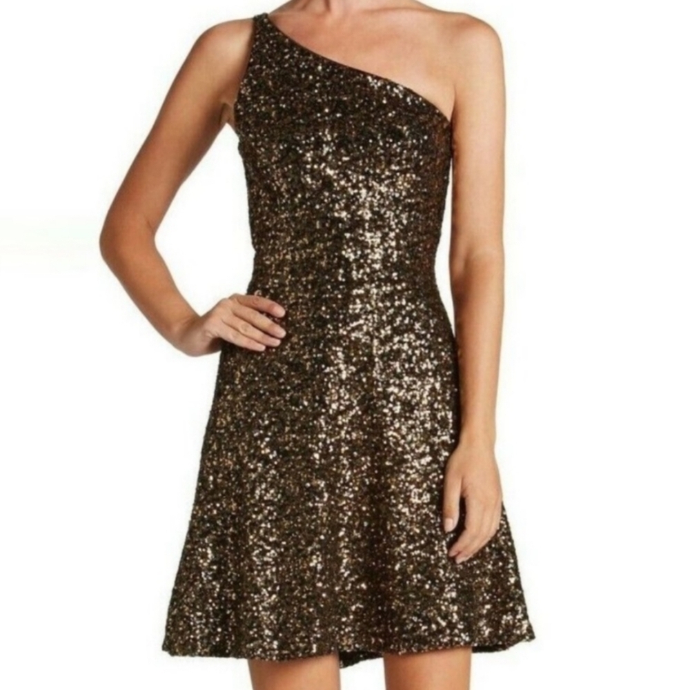 Dress the Population Tina One Shoulder Gold Brown Brass Sequin Dress Size Medium
